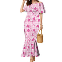 Anthurium Pikake Ti Leaf Palaka Family Matching Mermaid Dress and Hawaiian Shirt Pink Version LT01 Mom's Dress Pink - Polynesian Pride