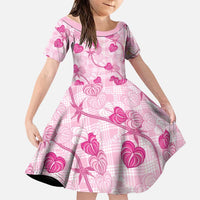 Anthurium Pikake Ti Leaf Palaka Family Matching Off The Shoulder Long Sleeve Dress and Hawaiian Shirt Pink Version LT01 Daughter's Dress Pink - Polynesian Pride