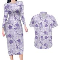 Anthurium Pikake Ti Leaf Palaka Couples Matching Long Sleeve Bodycon Dress and Hawaiian Shirt Purple Version LT01 Purple - Polynesian Pride