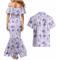 Anthurium Pikake Ti Leaf Palaka Couples Matching Mermaid Dress and Hawaiian Shirt Purple Version