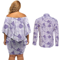 Anthurium Pikake Ti Leaf Palaka Couples Matching Off Shoulder Short Dress and Long Sleeve Button Shirt Purple Version