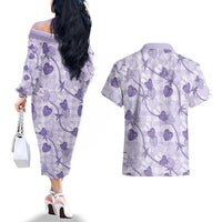 Anthurium Pikake Ti Leaf Palaka Couples Matching Off The Shoulder Long Sleeve Dress and Hawaiian Shirt Purple Version LT01 - Polynesian Pride
