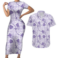 Anthurium Pikake Ti Leaf Palaka Couples Matching Short Sleeve Bodycon Dress and Hawaiian Shirt Purple Version LT01 Purple - Polynesian Pride