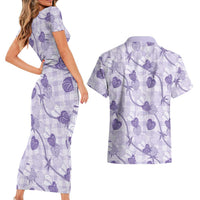 Anthurium Pikake Ti Leaf Palaka Couples Matching Short Sleeve Bodycon Dress and Hawaiian Shirt Purple Version LT01 - Polynesian Pride
