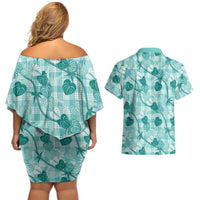 Anthurium Pikake Ti Leaf Palaka Couples Matching Off Shoulder Short Dress and Hawaiian Shirt Turquoise Version