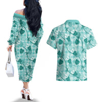 Anthurium Pikake Ti Leaf Palaka Couples Matching Off The Shoulder Long Sleeve Dress and Hawaiian Shirt Turquoise Version
