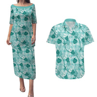 Anthurium Pikake Ti Leaf Palaka Couples Matching Puletasi and Hawaiian Shirt Turquoise Version