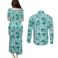 Anthurium Pikake Ti Leaf Palaka Couples Matching Puletasi and Long Sleeve Button Shirt Turquoise Version