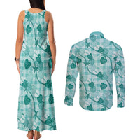 Anthurium Pikake Ti Leaf Palaka Couples Matching Tank Maxi Dress and Long Sleeve Button Shirt Turquoise Version LT01 - Polynesian Pride