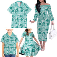 Anthurium Pikake Ti Leaf Palaka Family Matching Off The Shoulder Long Sleeve Dress and Hawaiian Shirt Turquoise Version LT01 - Polynesian Pride