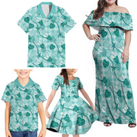 Anthurium Pikake Ti Leaf Palaka Family Matching Off Shoulder Maxi Dress and Hawaiian Shirt Turquoise Version LT01 - Polynesian Pride