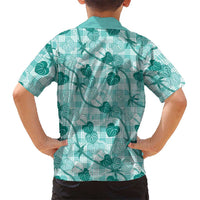 Anthurium Pikake Ti Leaf Palaka Family Matching Off Shoulder Short Dress and Hawaiian Shirt Turquoise Version LT01 - Polynesian Pride