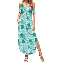 Anthurium Pikake Ti Leaf Palaka Family Matching Summer Maxi Dress and Hawaiian Shirt Turquoise Version LT01 Mom's Dress Turquoise - Polynesian Pride