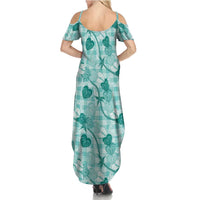 Anthurium Pikake Ti Leaf Palaka Family Matching Summer Maxi Dress and Hawaiian Shirt Turquoise Version LT01 - Polynesian Pride