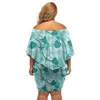 Anthurium Pikake Ti Leaf Palaka Off Shoulder Short Dress Turquoise Version LT01 - Polynesian Pride