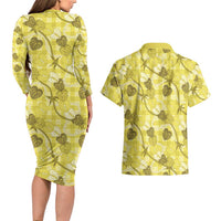Anthurium Pikake Ti Leaf Palaka Couples Matching Long Sleeve Bodycon Dress and Hawaiian Shirt Yellow Version