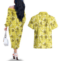 Anthurium Pikake Ti Leaf Palaka Couples Matching Off The Shoulder Long Sleeve Dress and Hawaiian Shirt Yellow Version LT01 - Polynesian Pride