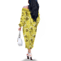 Anthurium Pikake Ti Leaf Palaka Family Matching Off The Shoulder Long Sleeve Dress and Hawaiian Shirt Yellow Version LT01 - Polynesian Pride