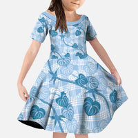 Anthurium Pikake Ti Leaf Palaka Family Matching Off The Shoulder Long Sleeve Dress and Hawaiian Shirt Blue Version LT01 Daughter's Dress Blue - Polynesian Pride