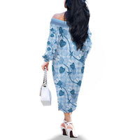 Anthurium Pikake Ti Leaf Palaka Family Matching Off The Shoulder Long Sleeve Dress and Hawaiian Shirt Blue Version LT01 - Polynesian Pride