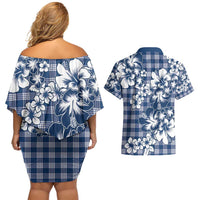 Hibiscus Pakala Cobalt Blue Royal Couples Matching Off Shoulder Short Dress and Hawaiian Shirt Tropical Floral Stylized - Polynesian Pride
