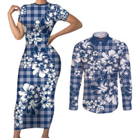 Hibiscus Pakala Cobalt Blue Royal Couples Matching Short Sleeve Bodycon Dress and Long Sleeve Button Shirt Tropical Floral Stylized - Polynesian Pride