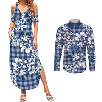 Hibiscus Pakala Cobalt Blue Royal Couples Matching Summer Maxi Dress and Long Sleeve Button Shirt Tropical Floral Stylized - Polynesian Pride
