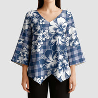 Hibiscus Pakala Cobalt Blue Royal Kimono Sleeve Blouse Tropical Floral Stylized - Polynesian Pride