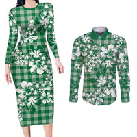 Hibiscus Pakala Emerald Green Couples Matching Long Sleeve Bodycon Dress and Long Sleeve Button Shirt Tropical Floral Stylized - Polynesian Pride