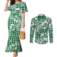Hibiscus Pakala Emerald Green Couples Matching Mermaid Dress and Long Sleeve Button Shirt Tropical Floral Stylized - Polynesian Pride