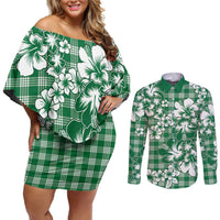 Hibiscus Pakala Emerald Green Couples Matching Off Shoulder Short Dress and Long Sleeve Button Shirt Tropical Floral Stylized - Polynesian Pride