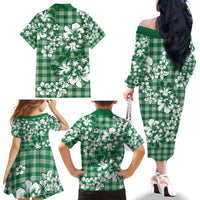 Hibiscus Pakala Emerald Green Family Matching Off The Shoulder Long Sleeve Dress and Hawaiian Shirt Tropical Floral Stylized - Polynesian Pride