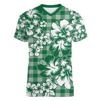 Hibiscus Pakala Emerald Green Women V-Neck T-Shirt Tropical Floral Stylized - Polynesian Pride