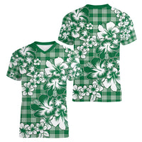 Hibiscus Pakala Emerald Green Women V-Neck T-Shirt Tropical Floral Stylized - Polynesian Pride