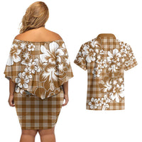 Hibiscus Pakala Bronze Brown Couples Matching Off Shoulder Short Dress and Hawaiian Shirt Tropical Floral Stylized - Polynesian Pride
