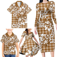 Hibiscus Pakala Bronze Brown Family Matching Long Sleeve Bodycon Dress and Hawaiian Shirt Tropical Floral Stylized - Polynesian Pride