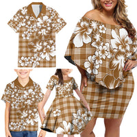 Hibiscus Pakala Bronze Brown Family Matching Off Shoulder Short Dress and Hawaiian Shirt Tropical Floral Stylized - Polynesian Pride