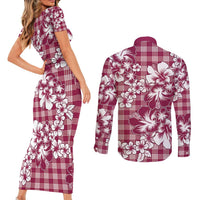 Hibiscus Pakala Royal Magenta Couples Matching Short Sleeve Bodycon Dress and Long Sleeve Button Shirt Tropical Floral Stylized - Polynesian Pride