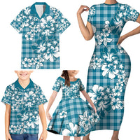 Hibiscus Pakala Ocean Depths Blue Family Matching Short Sleeve Bodycon Dress and Hawaiian Shirt Tropical Floral Stylized - Polynesian Pride