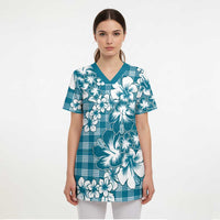 Hibiscus Pakala Ocean Depths Blue Scrub Top Tropical Floral Stylized LT01 - Polynesian Pride
