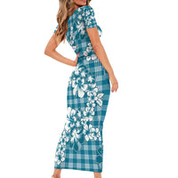 Hibiscus Pakala Ocean Depths Blue Short Sleeve Bodycon Dress Tropical Floral Stylized - Polynesian Pride