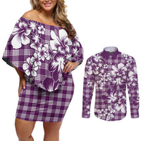 Hibiscus Pakala Sweetie Purple Couples Matching Off Shoulder Short Dress and Long Sleeve Button Shirt Tropical Floral Stylized - Polynesian Pride