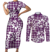 Hibiscus Pakala Sweetie Purple Couples Matching Short Sleeve Bodycon Dress and Long Sleeve Button Shirt Tropical Floral Stylized - Polynesian Pride