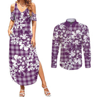 Hibiscus Pakala Sweetie Purple Couples Matching Summer Maxi Dress and Long Sleeve Button Shirt Tropical Floral Stylized - Polynesian Pride