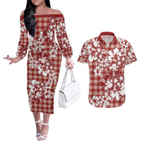 Hibiscus Pakala Fantasy Red Couples Matching Off The Shoulder Long Sleeve Dress and Hawaiian Shirt Tropical Floral Stylized - Polynesian Pride