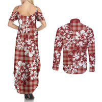 Hibiscus Pakala Fantasy Red Couples Matching Summer Maxi Dress and Long Sleeve Button Shirt Tropical Floral Stylized - Polynesian Pride