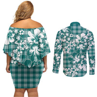 Hibiscus Pakala Aqua Teal Couples Matching Off Shoulder Short Dress and Long Sleeve Button Shirt Tropical Floral Stylized - Polynesian Pride