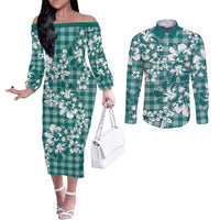Hibiscus Pakala Aqua Teal Couples Matching Off The Shoulder Long Sleeve Dress and Long Sleeve Button Shirt Tropical Floral Stylized - Polynesian Pride