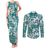 Hibiscus Pakala Aqua Teal Couples Matching Tank Maxi Dress and Long Sleeve Button Shirt Tropical Floral Stylized LT01 Teal - Polynesian Pride