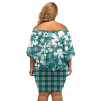 Hibiscus Pakala Aqua Teal Family Matching Off Shoulder Short Dress and Hawaiian Shirt Tropical Floral Stylized - Polynesian Pride